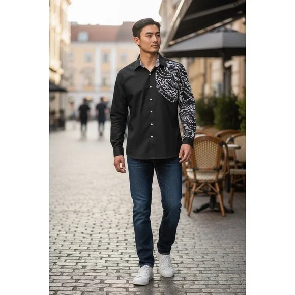 Manfinity Mens Tribal Graphic Print Button Up Shirt Black White Long Sleeve S - Picture 1 of 5